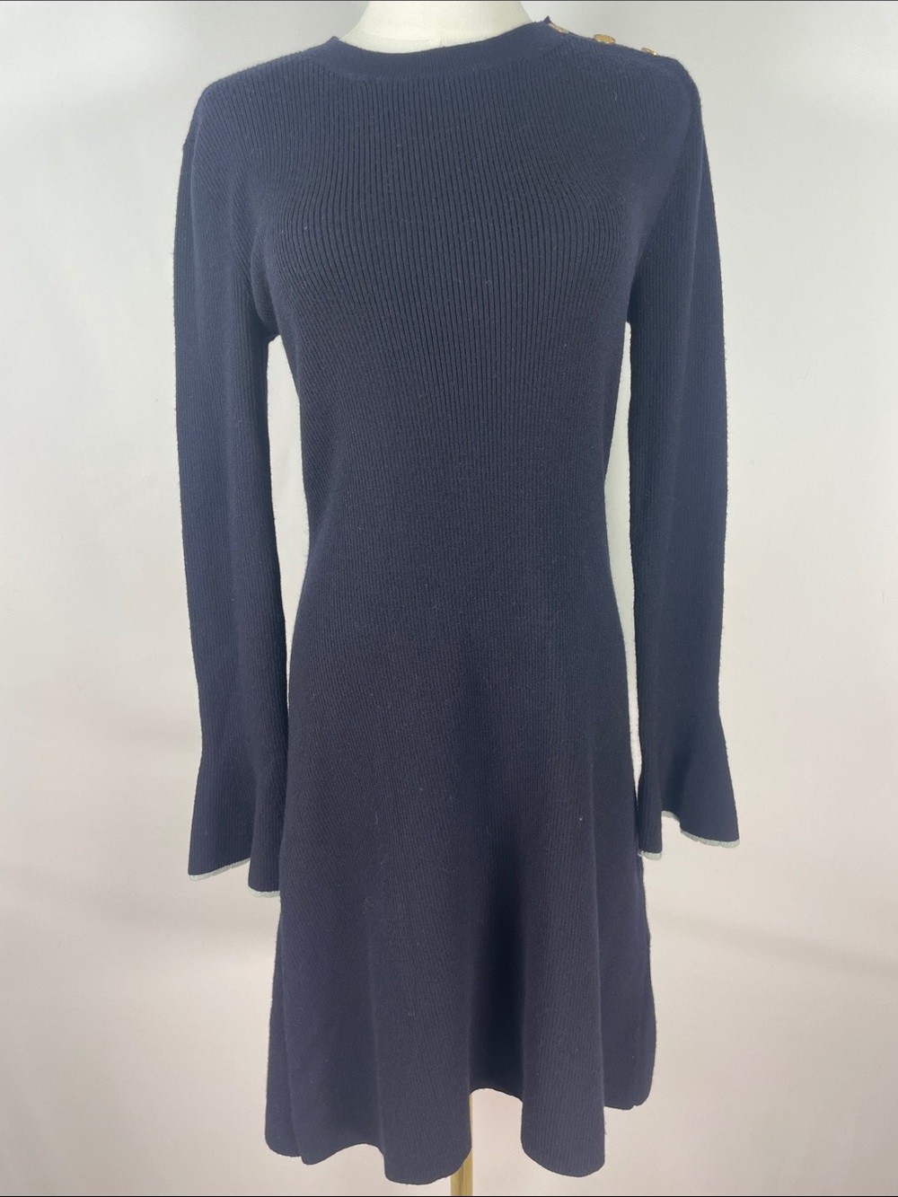 Tory Burch Ribbed Flare Sleeve Sweater Dress Size M Navy Gold Button Shoulder
